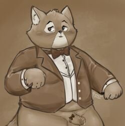 2024 anthro blush bodily_fluids bow_tie clothing domestic_cat erection felid feline felis genital_fluids genitals horatio_bruno lackadaisy male male_only mammal overweight_male penis precum shirt slightly_chubby solo thebunslover topwear