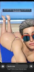 beach beach_towel big_ass big_breasts big_hips bikini cleavage cyberpunk_2077 eye_contact feet_up female laying_down laying_on_stomach mature_female milf prime3dx public rosalind_myers selfie smile snapchat soles sunglasses thick thick_ass thick_thighs thong topless