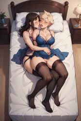 2:3 ai_generated arms_behind_back arms_tied bed bedroom birdawg16 bondage closed_eyes cuddling cumming dominant_female double_decker gentle_femdom kissing lezdom milf mitsuki_bakugou mommy my_hero_academia nightgown stockings strap-on strap-on_sex strapon submissive_female yuri