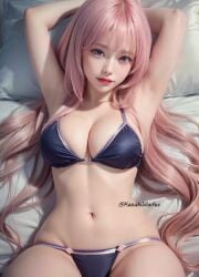 ai_generated asian bangs bikini blue_bikini blue_eyes classroom_of_the_elite female hand_on_head honami_ichinose huge_breasts ichinose_honami_(cote) kazuki_waifus kazukiwaifus lips lipstick long_hair lying lying_on_bed pillow pink_hair sheets stable_diffusion youkoso_jitsuryoku_shijou_shugi_no_kyoushitsu_e