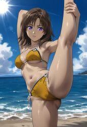 ai_generated beach brown_hair cowboy_shot female initial_d kyoko_iwase leg_hold leg_lift medium_breasts medium_hair ocean purple_eyes solo standing_on_one_leg standing_split sunshine yellow_bikini