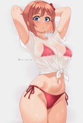 1girls armpits artist_name belly_button bikini_top bow bow_in_hair breasts coral_pink_hair cute doki_doki_literature_club female female_only hair_bow hair_ornament hands_behind_head human just_sayori kun_kaiss looking_at_viewer looking_down navel red_bow red_panties sayori_(doki_doki_literature_club) short_hair showing_armpits slim_waist solo tagme thighs tied_shirt wet_body wet_shirt wet_skin