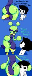 1boy1girl 1girl1boy alien alien_girl ass big_ass black_hair chinese_clothes comic dialogue edited eyelashes fat_ass hips humanoid lunabella_(mschaox6) mark_m mob_face nervous nervous_male nervous_sweat oc original original_character pussy pussy_peek self_insert shiny_skin sweat sweating text thick_thighs thighs wide_hips wide_thighs