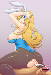 1boy anal aqua_eyes blonde_hair breasts bunny_ears bunny_girl bunnysuit censored clothing cum dragon_quest dragon_quest_iii erection female jester_(dq3) large_breasts nipples original pantyhose torn_clothes wrist_cuffs zin