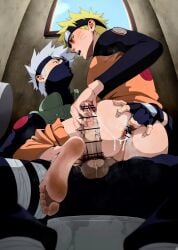 alterinku ass blonde_hair blush blushing bottomless clothed_sex dirty_toilet fingering_ass fingering_partner fingerless_gloves gay gay_sex green_vest hairy_balls hatake_kakashi headband looking_at_partner male male/male male_only male_penetrating naruto naruto_(series) naruto_shippuden naruto_uzumaki pants restroom sky small_room spiky_hair toilet top_only white_hair window yaoi