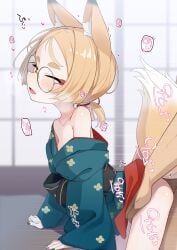 1boy animal_ear_fluff animal_ears black_nails blonde_hair blush breasts closed_eyes collarbone commentary_request female floral_print fox_ears fox_girl fox_tail glasses highres japanese_clothes kimono lolibaba moaning obi ogami_kazuki open_mouth original sash sex sex_from_behind short_hair small_breasts solo_focus sound_effects speech_bubble straight tail translation_request window