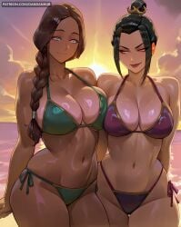 2girls ai_generated arms_behind_back avatar_legends avatar_the_last_airbender azula beach bikini black_hair braid breast_press breasts brown_hair cleavage cloud collarbone dandanhub female female_only green_bikini green_eyes hair_bun highleg highleg_bikini katara large_breasts long_hair looking_at_another multiple_girls navel ocean outdoors purple_bikini side-tie_bikini_bottom single_braid single_hair_bun sky smile stomach sunset swimsuit yellow_eyes