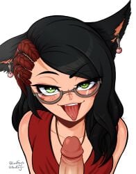 1girls black_hair cat_ears catgirl female female_focus final_fantasy_xiv freckles glasses green_eyes imminent_orgasm looking_at_viewer looking_up lordguyis miqo'te multicolored_hair original_character penis red_hair tongue_out