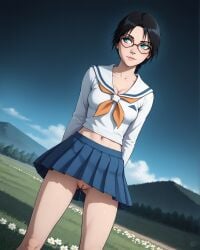 1girls ai_generated ass back black-framed braid breasts collar collarbone day diffusion eyewear female female_only flower glasses juice midriff navel neckerchief nostra666 outdoors panties pleated pussy sailor school serafuku skirt sky solo stable thighs uncensored uniform