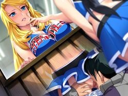 2girls asakura_sakura black_hair blonde_hair blue_eyes blush breasts censored cheerleader cunnilingus cunnilingus_in_skirt femdom game_cg head_under_skirt hidden hiding highres large_breasts licking long_hair midriff nana_g oral panties panties_down panty_pull pussy sex_teacher_tsuyoshi skirt spread_pussy standing stealth_cunnilingus under_the_table underwear x-ray