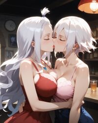 ai_generated breast_press cleavage closed_eyes fairy_tail french_kiss fully_clothed hand_on_waist incest kissing large_breasts lisanna_strauss long_hair mirajane_strauss open_mouth short_hair sisters tongue white_hair yuri