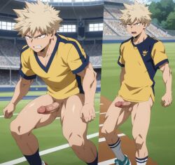 ai_generated blonde_hair blonde_pubic_hair bushy_pubes fight_boner gay gilxxgamesh katsuki_bakugou my_hero_academia pantless penis penis_out pissed_off pubic_hair shirt soccer tagme yaoi