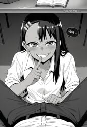 1boy 1girls ai_generated black_hair dimafill female hayase_nagatoro human long_hair male monochrome please_don't_bully_me,_nagatoro pov smile tanned under_the_table