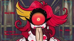 blank_expression blowjob english_text hazbin_hotel looking_at_viewer niffty on_camera one_eye red_hair shortstack smugness