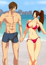 1boy abs beach bikini breasts brown_eyes brown_hair bulge cleavage clothing day dgw6n erection erection_under_clothes fatal_fury female female holding_hands king_of_fighters kyo_kusanagi large_breasts long_hair mai_shiranui male muscle navel outdoors ponytail side-tie_bikini_bottom standing straight swimsuit tied_hair