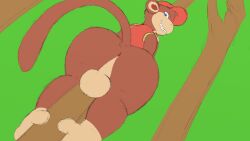 absurd_res anus ass balls big_butt blue_eyes bottomless brown_body brown_fur clothed clothing diddy_kong donkey_kong_(series) fur genitals haplorhine hat headgear headwear hi_res huge_butt looking_at_viewer looking_back looking_back_at_viewer male mammal monkey nintendo owlietomes plant primate rear_view simple_background smile solo tail thick_thighs tree vigmarr wide_hips