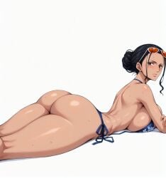 1girls ai_generated ass bare_arms bare_legs bare_shoulders bare_thighs big_ass big_breasts big_butt bikini bikini_bottom bikini_top black_hair blue_eyes blush clothed clothing color female female_focus female_only hi_res large_breasts light-skinned_female light_skin long_hair looking_at_viewer nico_robin one_piece post-timeskip shounen_jump solo solo_female sunglasses sunglasses_on_head sweat tagme thick_thighs tied_hair yashin