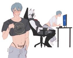 2boys anthro blush clothed crop_top femboy feminine_male furry gaming_chair gay male male/male male_only mammal mihoyo sitting sitting_on_lap suit tattoo tattoo_on_belly thong underwear von_lycaon white_fur wise_(zenless_zone_zero) wolf yaoi zenless_zone_zero