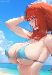 1girls ai_generated aqua_eyes armpits bangs bare_shoulders beach bikini blue_bikini blue_sky blue_swimsuit blush breasts cleavage clothing cloud completely_nude curvaceous curvaceous_female curvaceous_figure curvy curvy_figure day female female_focus genshin_impact green_eyes halterneck hoyoverse hydrolis999 large_breasts long_hair looking_at_viewer navel nilou_(genshin_impact) ocean open_mouth outdoors parted_lips red_hair sidelocks skindentation sky solo strap_gap string_bikini swimsuit tied_hair upper_body voluptuous voluptuous_female water wet