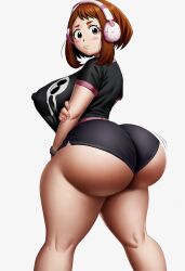 ai_generated booty_shorts bubble_ass bubble_butt caked_up curvaceous curvy_figure dat_ass dolphin_shorts my_hero_academia ochako_uraraka ochako_uraraka_(cosplay) presenting_hindquarters round_ass round_butt simple_background t-shirt white_background wide_hips