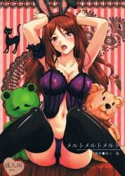 armpits arms_up ass_visible_through_thighs bare_arms bare_belly belly_button big_breasts black_thighhighs blush breasts brown_eyes bunny_ears cleavage collarbone doujin_cover doujinshi lingerie long_hair mugino_shizuri nipples_visible_through_clothing open_mouth panties purple_panties purple_underwear sakagami_umi thighhighs thighs to_aru_majutsu_no_index tongue underwear zettai_ryouiki