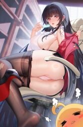 1animal 1girls absurdres alvitr_(azur_lane) alvitr_(muspel's_torrid_secrets)_(azur_lane) azur_lane backless_shirt black_hair black_pantyhose black_skirt blunt_bangs breasts clothes_pull covered_erect_nipples female food heart heart-shaped_pupils highres holding holding_food holding_popsicle huge_breasts iron_blood_(azur_lane) jacket jacket_pull lace lace_panties light-skinned_female light_skin long_hair manjuu_(azur_lane) no_bra office_lady official_alternate_costume on_chair panties pantyhose pantyhose_pull pencil_skirt popsicle pulling_own_clothes red_eyes red_jacket rimless_eyewear saliva saliva_trail shirt shoes sideboob sideless_shirt single_shoe sitting skirt sleeveless sleeveless_shirt sweat symbol-shaped_pupils underwear white_panties white_shirt yijiufantexi_(liusanjin11)