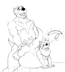 2014 anal anal_sex anthro bed belly black_and_white bodily_fluids canid canine canis cum cum_inside domestic_dog duo feet fuel_gauge fur furniture genital_fluids inflation kangaroo macropod male male/male mammal marsupial meter monochrome musclegut muscular nude on_bed pandottermon penetration pit_bull smile thought_bubble tongue
