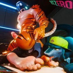 3d_(artwork) anthro arched_soles armor ass bengal_tiger big_butt big_feet big_muscles big_pecs big_penis canid canine canis claws clayton_(rtzero) cobalt_(rtzero) digital_media_(artwork) dominant dominant_male erection feet felid foot_fetish foot_focus foot_lick foot_play forked_tongue genitals gesture griff_(rtzero) group halo_(series) hand_gesture headgear helmet hi_res licking lizard lizard_(petruz) looking_back male male/male mammal microsoft muscular muscular_male nude_male pantherine pecs penis plantigrade pointing pointing_down punishment reptile rtzero scalie sharp_teeth space_helmet submissive submissive_male teeth tiger toe_claws tongue tongue_out trio wolf wolf_(petruz) xbox_game_studios