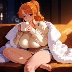 1girls ai_generated alcohol balecxi bangs bare_legs barefoot blue_shorts blurry_background blush bra_strap breasts brown_eyes closed_mouth clothing coat coffee_mug collarbone couch cup curvaceous curvaceous_female curvaceous_figure curvy curvy_figure dolphin_shorts drink earrings feet female female_focus female_only foot_out_of_frame fur_coat grey_shorts hands_up heart-shaped_pupils holding holding_cup huge_breasts indoors jewelry large_breasts legs lips long_hair long_sleeves looking_at_viewer mug nami_(one_piece) off-shoulder_sweater on_couch one_piece orange_hair pearl_earrings ponytail red_eyes ribbed_sweater shirt short_shorts shorts sidelocks sitting sleeves_past_wrists smile soles solo steam sweater symbol-shaped_pupils thighs toenails toes voluptuous voluptuous_female white_sweater