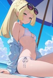 1girls ai_generated beach beach_umbrella bikini blonde_hair blue_sky braid breasts cloud day eyewear_on_head female green_eyes jacket lillie_(pokemon) long_hair looking_at_viewer ocean off_shoulder open_clothes open_jacket outdoors owari_wan parasol pokemon pokemon_sm ponytail side-tie_bikini sitting sky small_breasts smile solo string_bikini sunglasses swimsuit umbrella white_bikini