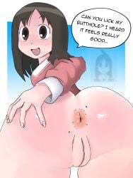 1girls anonymous_artist anus ass azumanga_daiou bottomless female looking_back osaka_ayumu_kasuga pussy remake rimming_request speech_bubble