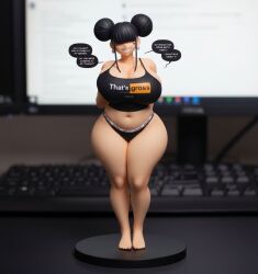 ai_generated ai_text black_hair buns figurine hair_covering_eye heart_shaped_tattoo smiling sona_(cinnabus) space_buns speaking speech_bubble talking tattoo
