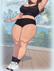 1girl armpit_fetish armpits brown_hair cellulite character chubby cleavage college female huge_thighs johnv large_breasts nervous nervous_smile original original_character pawg pretty public shorts shy sweat teenager thick thick_thighs young zoey_(johnv)