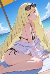 1girls ai_generated bangs beach beach_umbrella bikini black_bikini blonde_hair blue_sky blush breasts cloud day eyewear_on_head female green_eyes horizon long_hair looking_at_viewer looking_to_the_side lusamine_(pokemon) ocean off_shoulder outdoors owari_wan pokemon pokemon_sm sand see-through shirt side-tie_bikini sitting sky solo sunglasses swimsuit umbrella very_long_hair water wet wet_clothes white_shirt