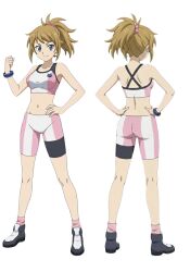 1girls ankle_socks anklehighs ass big_breasts bike_shorts brown_hair busty cleavage clenched_hand confident female female_only gundam gundam_build_fighters_try hand_on_own_hip hands_on_own_hips highres hoshino_fumina large_breasts legs looking_at_viewer medium_hair midriff multiple_views navel pink_socks pose posing shoes socks socks_and_shoes solo sports_bra thighs voluptuous