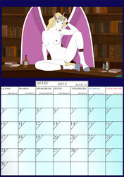 10s 1girls 2000s_and_2010s_style 2010s 2014 blonde_hair bookcase bottle breasts breasts_apart calendar_(medium) completely_nude_female counter disney english_text equine_humanoid fab3716 facing_viewer female french_text full_body gargoyles knee_up looking_at_viewer march nipples nude on_counter pussy small_areolae small_breasts small_nipples solo straight-on una uncensored wings