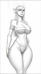 abs ai_generated alien anthro avatar big_breasts blue_skin curvy explicit feather_headdress female grayscale hand_on_hip headdress huge_breasts line_art long_hair looking_at_viewer monochrome muscular_female na'vi pointed_ears serious sketch solo standing stern_expression thick_thighs tribal_paint varang white_hair wide_hips