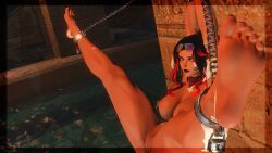 3d au_ra barbell_piercing barefoot big_breasts bondage breasts chained_ankles chained_to_wall chained_wrists chains chroma chroma_kelv female final_fantasy_xiv foot_focus full_body gpose_(ffxiv) looking_at_another looking_at_viewer nipples nude nude_female piercing pussy restaurant sole_female solo solo_female uncensored
