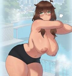 1girl ass barely_clothed big_breasts brown_hair character chubby college cute embarrassed exposed exposed_breasts female glasses green_eyes hanging_breasts huge_thighs johnv large_breasts nerd nerdy_female nervous nipples original original_character park pawg pretty public public_exposure round_glasses shorts shy sweat sweatdrop teenage_breasts teenage_female teenager thick thick_thighs young zoey_(johnv)