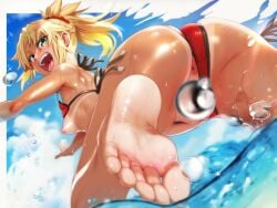 :d anus ass ass_focus barefoot bikini bikini_bottom_aside bikini_top_lift blonde_hair blue_sky blush breasts clothes_lift clothing_aside cloud commentary_request convenient_censoring dutch_angle fate/grand_order fate_(series) feet female female_only foot_fetish foot_focus foreshortening from_behind green_eyes highres lens_flare looking_at_viewer medium_breasts momisan mordred_(fate) mordred_(swimsuit_rider)_(fate) mordred_(swimsuit_rider)_(first_ascension)_(fate) nipples outdoors paid_reward_available pussy red_bikini side-tie_bikini_bottom sky smile soles solo swimsuit tan tanlines toes water water_drop