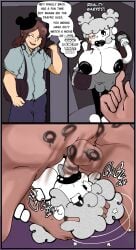 blowjob brown_hair comic dialogue faetomi hands_on_head lipstick lipstick_mark lipstick_on_balls lipstick_on_penis mtf_transformation original_character shortstack shortstackification size_difference text tongue toon toonification toony toony_face transformation