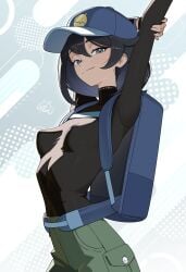 1girls absurdres arms_up backpack bag black_bodysuit black_hair blue_bag blue_eyes blue_hat blush bodysuit breasts choker closed_mouth commentary female female_only female_protagonist_(pokemon_ww) game_freak green_shorts grey_eyes hat highres long_sleeves looking_at_viewer nintendo otokakoto pokemon pokemon_ww short_hair shorts simple_background smile stretching untranslatable_commentary