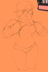 1girls breasts breasts_out camex_ cap dj_(tds) female female_only hoodie hoodie_lift nipples orange_background panties reference_image roblox roblox_game robloxian rule_63 showing_off sketch source_request sunglasses thighs tower_defense_simulator uncolored