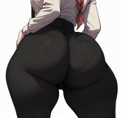 chainsaw_man makima_(chainsaw_man) red_hair braided_hair white_background shirt white_shirt tie big_ass ass ass_focus big_ass_(female) back_view rear_view thick_thighs thighs pants tight_clothing tight_pants pantylines ai_generated mrnails 1girls 1girl solo solo_female female female_only female_focus