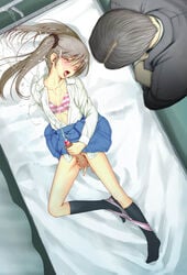 2boys anal_fingering androgynous bed black_legwear blush bra brown_hair censored crossdressing cum ejaculation fingering hair_ornament hairclip highres kneehighs long_hair male masturbation multiple_boys on_bed open_clothes open_mouth open_shirt original panties panties_around_leg penis pointless_censoring shirt skirt sweat tekuteku_(yuuhodou) testicles tied_hair tongue tongue_out trap twintails underwear