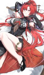 absurdres arms_up bare_legs bare_shoulders black_bodysuit black_gloves black_hairband black_shoes black_shorts blush bodysuit breasts circle_facial_mark commentary elbow_gloves female female_only foot_out_of_frame from_above gamgyul gloves hair_between_eyes hairband high_heels high_ponytail highres large_breasts legs long_hair lying mark_under_both_eyes on_back parted_lips ponytail purple_eyes red_hair shoes short_shorts shorts smile solo string thighs very_long_hair wuthering_waves yinlin_(wuthering_waves)