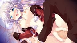 16:9 1boy arima_yousuke bed blue_eyes blush bra breasts censored female game_cg ko~cha long_hair navel nipples panties panties_around_leg penis pillow purple_hair sex underwear vaginal_penetration white_panties witch's_garden yukimura_suzuno