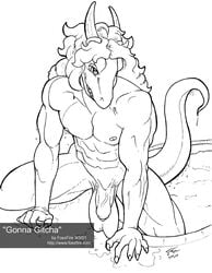 anthro balls black_and_white dragon flaccid foxxfire hair horn long_hair looking_at_viewer male male_only monochrome muscles nipples nude penis pool rape_face scalie sedary water wet