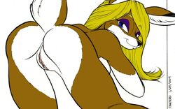 all_fours anthro ass ass_up blonde_hair blue_eyes breasts brown_fur cervine clitoris color david_a_cantero deer edit eyeliner fur furry_tail hair inviting labia mammal presenting presenting_hindquarters pussy sideboob smile tail