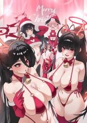 <|>_<|> 4girls absurdres alternate_costume antlers arms_behind_back arms_behind_head arms_up bare_shoulders bell beret bikini black_hair black_wings blood blood_halo blue_archive blue_eyes blunt_bangs blush breasts christmas cleavage clothing_cutout collarbone crop_top elbow_gloves embarrassed fake_antlers feathered_wings food gloves grin hair_between_eyes halo halterneck hasumi_(blue_archive) hat head_wings heart_cutout high_ponytail highleg highleg_bikini highres holding holding_spoon horns huge_breasts ichika_(blue_archive) koharu_(blue_archive) large_breasts liquid_halo long_hair long_hair_between_eyes looking_at_viewer loosely_tucked_bangs low_twintails low_wings melting_halo micro_bikini miniskirt multiple_girls musclexm navel neck_bell o-ring o-ring_bikini one_eye_closed open_mouth oversized_wings parfait pink_hair pink_halo ponytail red_bikini red_eyes red_halo red_legwear red_skirt reindeer_antlers santa_bikini santa_costume santa_hat side-tie_bikini skindentation skirt small_breasts smile spoon sweatdrop swimsuit thick_thighs thighhighs thighs tsurugi_(blue_archive) twintails underboob unusually_open_eyes very_long_hair winged_halo wings